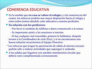 COHERENCIA EDUCATIVA
 En la medida que en casa se valore el colegio y a los maestros/as del

centro, los niños/as tendrán una mayor disposición hacia el colegio y
entre todos iremos dándole valor educativo a nuestra profesión.
 En relación con los profesores:
- Por favor si cambiáis de teléfono o datos comunicarlo a la tutora
- Es importante asistir a las reuniones o tutorías
- Si hay cualquier mal entendido, primero lo hablamos, después
iremos a la Coordinadora de ciclo (Eva), y si no encontramos una
buena solución recurriremos al Equipo Directivo.
* Los niños/as que tengan la autorización de salida al entorno cercano
podrán salir a realizar actividades que supongan ir andando.
 A las salidas que hagamos con autobús mandaremos circular que
deberá venir cumplimentada correctamente.

 