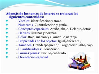 Además de los temas de interés se tratarán los
siguientes contenidos:

- Vocales: identificación y trazo.

- Número: 1 .Cuantificación y grafía.

- Conceptos espaciales: Arriba/abajo. Delante/detrás.

- Hábitos: Rutinas y normas.

- Color: Rojo, marrón y el amarillo,naranja.

- Propiedades de los objetos: Igual/diferente.,

- Tamaños: Grande/pequeño/. Largo/corto. Alto/bajo

- Cuantificadores: Lleno/vacío

- Formas planas: Círculo/cuadrado.

- Orientación espacial

 