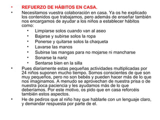 •   REFUERZO DE HÁBITOS EN CASA.
•   Necesitamos vuestra colaboración en casa. Ya os he explicado
    los contenidos que trabajamos, pero además de enseñar también
    nos encargamos de ayudar a los niños a establecer hábitos
    como:
       • Limpiarse solos cuando van al aseo
       • Bajarse y subirse solos la ropa
       • Ponerse y quitarse solos la chaqueta
       • Lavarse las manos
       • Subirse las mangas para no mojarse ni mancharse
       • Sonarse la nariz
       • Sentarse bien en la silla
•   Pues diariamente estas pequeñas actividades multiplicadas por
    24 niños suponen mucho tiempo. Somos conscientes de que son
    muy pequeños, pero no son bebés y pueden hacer más de lo que
    nos imaginamos. A menudo se aprovechan de nuestra prisa o de
    nuestra poca paciencia y les ayudamos más de lo que
    deberíamos. Por este motivo, os pido que en casa reforcéis
    también estos aspectos.
•   He de pediros que al niño hay que hablarle con un lenguaje claro,
    y demandar respuesta por parte de el.
 