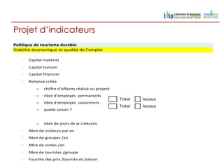 Projet d’indicateurs
Politique de tourisme durable
Viabilité économique et qualité de l’emploi

   ·   Capital matériel
   ·   Capital humain
   ·   Capital financier
   ·   Richesse créée
           o   chiffre d’affaires réalisé ou projeté
           o   nbre d’employés permanents
                                                       Total   locaux
           o   nbre d’employés saisonniers
                                                       Total   locaux
           o   quelle saison ?


           o   nbre de jours de w créés/an
   ·   Nbre de visiteurs par an
   ·   Nbre de groupes /an
   ·   Nbre de visites /an
   ·   Nbre de touristes /groupe
   ·   Fourche des prix /touriste et /saison
 