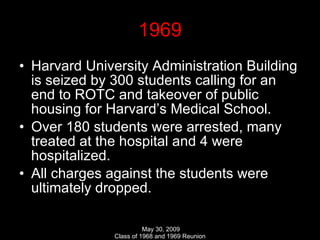 1969 Harvard University Administration Building is seized by 300 students calling for an end to ROTC and takeover of public housing for Harvard’s Medical School. Over 180 students were arrested, many treated at the hospital and 4 were hospitalized. All charges against the students were ultimately dropped. 