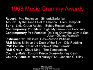 1968 Music Grammy Awards Record :  Mrs Robinson—Simon&Garfunkel Album :  By the Time I Get to Phoenix:  Glen Campbell Song :  Little Green Apples—Bobby Russell writer Contemporary Pop Male :  Light My Fire—Jose Feliciano Contemporary Pop Female :  Do You Know the Way to San    Jose—Dionne Warwick Instrumental :  Classical Gas—Mason Williams R&B Male : Sittin on the Dock of the Bay—Otis Redding R&B Female :  Chain of Fools—Aretha Franklin R&B Group :  Cloud Nine—The Temptations Country-Male :  Folsom Prison Blues—Johnny Cash Country-Female :  Harper Valley PTA—Jeannie C. Riley  