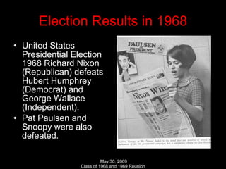Election Results in 1968 United States Presidential Election 1968 Richard Nixon (Republican) defeats Hubert Humphrey (Democrat) and George Wallace (Independent). Pat Paulsen and Snoopy were also defeated. 
