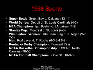 1968 Sports Super Bowl:  Green Bay d. Oakland (33-14) World Series:  Detroit d. St. Louis Cardinals (4-3) NBA Championship:  Boston d. LA Lakers (4-2) Stanley Cup:  Montreal d. St. Louis (4-0) Wimbledon:  Women:  Billie Jean King d. J. Tegart (9-7 7-5) Men:  Rod Laver d. T. Roche (6-3 6-4 6-2) Kentucky Derby Champion:  Forward Pass NCAA Basketball Championship:  UCLA d. North Carolina (78-55) NCAA Football Champions:  Ohio St. (10-0-0)  
