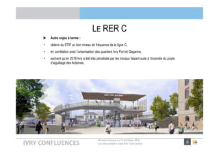 RÉUNION PUBLIQUE DU 13 DÉCEMBRE 2016
LES DÉPLACEMENTS DANS IVRY CONFLUENCES
SOMMAIRE
Organiser de façon responsable et durable les
déplacements au sein du quartier réaménagé
1. Obtenir le développement des transports en commun
2. Promouvoir les modes actifs
3. Rationaliser le stationnement
4. Traiter les flux motorisés
5. Offrir d’autres alternatives
 