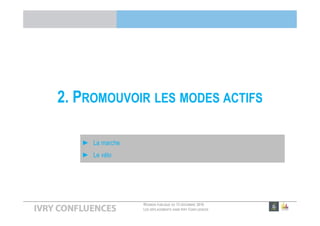 RÉUNION PUBLIQUE DU 13 DÉCEMBRE 2016
LES DÉPLACEMENTS DANS IVRY CONFLUENCES
2. PROMOUVOIR LES MODES ACTIFS
► La marche
► Le vélo
 