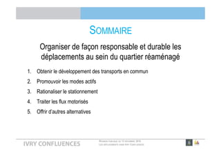 RÉUNION PUBLIQUE DU 13 DÉCEMBRE 2016
LES DÉPLACEMENTS DANS IVRY CONFLUENCES
SOMMAIRE
Organiser de façon responsable et durable les
déplacements au sein du quartier réaménagé
1. Obtenir le développement des transports en commun
2. Promouvoir les modes actifs
3. Rationaliser le stationnement
4. Traiter les flux motorisés
5. Offrir d’autres alternatives
 
