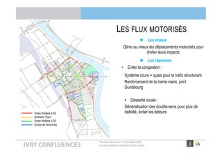 RÉUNION PUBLIQUE DU 13 DÉCEMBRE 2016
LES DÉPLACEMENTS DANS IVRY CONFLUENCES
LES FLUX MOTORISÉS
► Les enjeux
Gérer au mieux les déplacements motorisés pour
limiter leurs impacts
► Les réponses
• Eviter la congestion :
Système cours + quais pour le trafic structurant
Renforcement de la trame viaire, pont
Gunsbourg
• Desserte locale :
Généralisation des double-sens pour plus de
lisibilité, éviter les détoursVoies limitées à 50
Itinéraire Tzen
Voies limitées à 30
Zones de rencontre
 