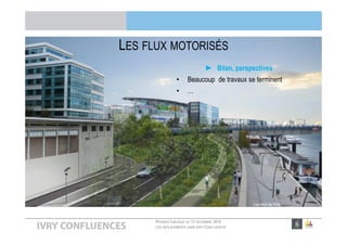 RÉUNION PUBLIQUE DU 13 DÉCEMBRE 2016
LES DÉPLACEMENTS DANS IVRY CONFLUENCES
LES FLUX MOTORISÉS
► Bilan, perspectives
• Beaucoup de travaux se terminent
• …
Les têtes de Pont
 