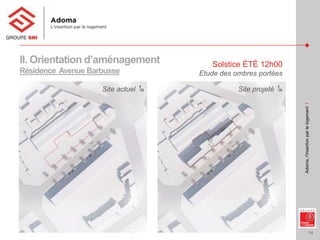 14
Adoma,l’insertionparlelogementI
II. Orientation d’aménagement
Résidence Avenue Barbusse
Solstice ÉTÉ 12h00
Etude des ombres portées
Site actuel Site projeté
 