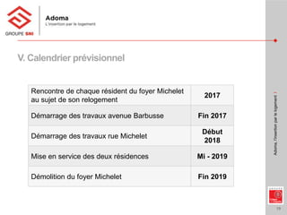 19
Adoma,l’insertionparlelogementI
V. Calendrier prévisionnel
Rencontre de chaque résident du foyer Michelet
au sujet de son relogement
2017
Démarrage des travaux avenue Barbusse Fin 2017
Démarrage des travaux rue Michelet
Début
2018
Mise en service des deux résidences Mi - 2019
Démolition du foyer Michelet Fin 2019
 