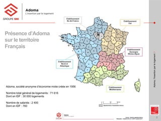 2
Adoma,l’insertionparlelogementI
Présence d’Adoma
sur le territoire
Français
Adoma, société anonyme d’économie mixte créée en 1956
Nombre total général de logements : 71 616
Dont en IDF : 30 000 logements
Nombre de salariés : 2 400
Dont en IDF : 760
 