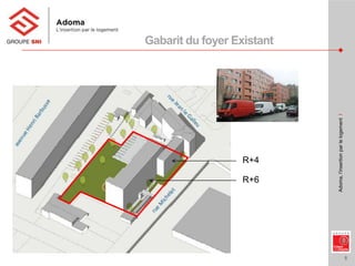 8
Adoma,l’insertionparlelogementI
R+4
R+6
Gabarit du foyer Existant
 