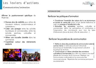 EOL|E&S|CBRE|GBS
ACTIONS DE FOND
▪ Coordonner l’ensemble des acteurs de la vie économique
et sociale du centre-ville autour d’une identité fédératrice et
créer une synergie à l’échelle de la ville
▪ Mutualiser les animations sportives, culturelles et
commerciales: définir les participations et contributions à
l’organisation des commerçants pour tous les types
d’évènements (tenue de stand, offre de restauration…)
Renforcer les politiques d’animation
▪ Mettre en place des procédures de communication externe
comme interne à même de renforcer l’attractivité
économique et résidentielle, le rayonnement culturel et
touristique du territoire
▪ Communiquer un même calendrier des animations
culturelles et commerciales pour offrir aux visiteurs une vision
globale de l’animation de la commune. Déployer une
communication multicanale sur la commune et les
communes voisines. Répertorier les commerces participants
aux événements
Renforcer les procédures de communication
Affirmer le positionnement spécifique de
Ploërmel:
▪ Donner plus de visibilité pour attirer de
nouveaux visiteurs, consommateurs et
investisseurs…
▪ Créer une synergie entre les activités
touristiques et commerciales; entre les
activités sportives, culturelles et
commerciales
▪ Attirer une nouvelle clientèle dans les
commerces
▪ Capitaliser autour des évènements
existants
Arthmaël: déambulation Brocéliande Nature: trail du Lac
Communication/animation
 