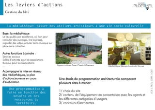 EOL|E&S|CBRE|GBS
Autres fonctions à joindre :
Services sociaux
Salles d’activités pour les associations
Bureaux pour les associations
…
Base: la médiathèque
Le lieu public par excellence, où l’on peut
consulter des ouvrages, lire la presse,
regarder des vidéo, écouter de la musique sur
place sans cotisation.
Espace culturel Passe Ouest à Ploemeur Médiathèque Beaupré-Lalande Vannes
Une étude de programmation architecturale comparant
plusieurs sites à mener:
1/ choix du site
2/ contenu de l’équipement en concertation avec les agents et
les différentes catégories d’usagers
3/ concours d’architectes
Gestion du bâti
Accompagne la mise en réseau
des médiathèques, le plan
d’actions jeunesse en cours
d’élaboration
 