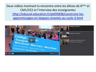 Deux vidéos montrant la rencontre entre les élèves de 6ème et
CM1/CE2 et l’interview des enseignantes
http://eduscol.educa...