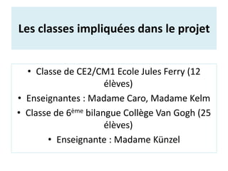 Les classes impliquées dans le projet
• Classe de CE2/CM1 Ecole Jules Ferry (12
élèves)
• Enseignantes : Madame Caro, Mada...