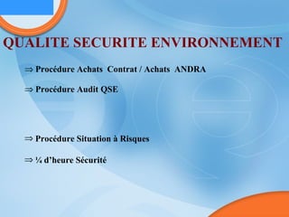 QUALITE SECURITE ENVIRONNEMENT   Procédure Achats  Contrat / Achats  ANDRA Procédure Audit QSE Procédure Situation à Risques  ¼ d’heure Sécurité 