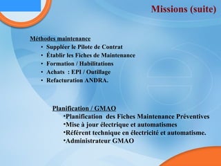 Missions (suite) Méthodes maintenance Suppléer le Pilote de Contrat Établir les Fiches de Maintenance Formation / Habilitations Achats  : EPI / Outillage  Refacturation ANDRA. Planification / GMAO Planification  des Fiches Maintenance Préventives Mise à jour électrique et automatismes Référent technique en électricité et automatisme. Administrateur GMAO 
