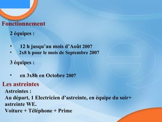 Les astreintes Astreintes : Au départ, 1 Electricien d’astreinte, en équipe du soir+ astreinte WE.  Voiture + Téléphone + Prime Fonctionnement 2 équipes : 12 h jusqu’au mois d’Août  2007 2x8 h pour le mois de Septembre 2007 3 équipes : en 3x8h en Octobre  2007   