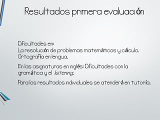 Resultados primera evaluación
Dificultades en:
La resolución de problemas matemáticos y cálculo.
Ortografía en lengua.
En ...