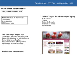 Résultats web CDT Somme Novembre 2008 Les indicateurs de novembre :  2875 visites 2681 visiteurs 8566 pages vues www.Somme...