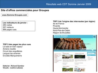 Résultats web CDT Somme Janvier 2009 Site d’offres commerciales pour Groupes Les indicateurs de janvier :  280 visites 267 visiteurs 896 pages vues www.Somme-Groupes.com TOP 5 des pages les plus vues La baie en train vapeur Amiens insolite  Circuit des anguillières  Larguez les amarres  Envolée Marquenterre TOP 5 de l’origine des internautes (par région) Ile de France Picardie Haute-Normandie Nord-Pas-de-Calais Région de Bruxelles Editorial : Richard Gambier Visuels : Justine Labesse 