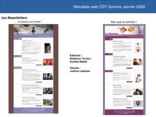 Les Newsletters Résultats web CDT Somme Janvier 2009 A chacun son hiver ! Rien que du bonheur ! Editorial :  Delphine Torchy /  Aurélie Wallet  Visuels :  Justine Labesse 