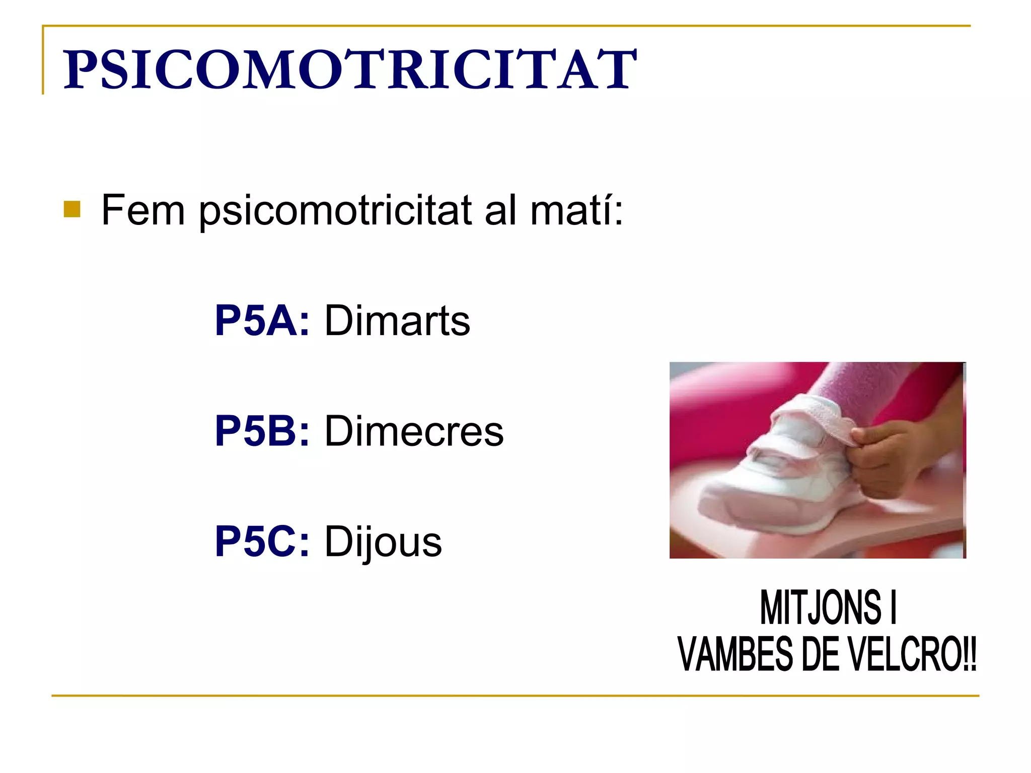 PSICOMOTRICITAT Fem psicomotricitat al matí: P5A:  Dimarts P5B:  Dimecres P5C:  Dijous MITJONS I  VAMBES DE VELCRO!! 