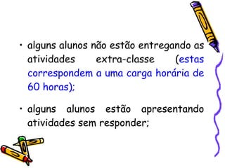 alguns alunos não estão entregando as atividades extra-classe ( estas correspondem a uma carga horária de 60 horas); alguns alunos estão apresentando atividades sem responder; 