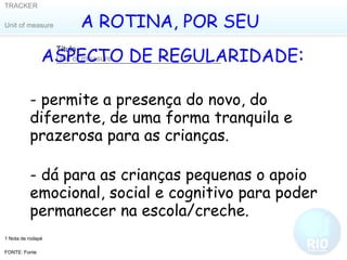 A ROTINA, POR SEU  ASPECTO DE REGULARIDADE : - dá para as crianças pequenas o apoio emocional, social e cognitivo para poder permanecer na escola/creche. - permite a presença do novo, do diferente, de uma forma tranquila e prazerosa para as crianças. 