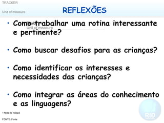 Como trabalhar uma rotina interessante e pertinente? Como buscar desafios para as crianças? Como identificar os interesses e necessidades das crianças? Como integrar as áreas do conhecimento e as linguagens? REFLEXÕES 