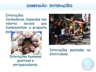 DIMENSÃO: INTERAÇÕESInterações formadoras, baseadas nos valores sociais que fundamentam a proposta pedagógica.  Interações pautadas na afetividade. Interações humanas positivas e enriquecedoras.  