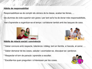 Hàbits de responsabilitat
Responsabilitzar-se de complir els càrrecs de la classe, acabar les feines, ...
Els alumnes de cicle superior són grans i per tant se’ls ha de donar més responsabilitats,
han d’aprendre a organitzar-se el temps i col·laborar també amb les tasques de casa.
Hàbits de relació social i convivència
* Saber conviure amb respecte, tolerància i diàleg; tant en família, a l’escola, al carrer, ...
* Saber demanar bé les coses, saludar i acomiadar-se, disculpar-se i perdonar.
* Respectar el torn de paraula i aprendre a escoltar.
* Escoltar-los quan pregunten i s’interessen per les coses.
 