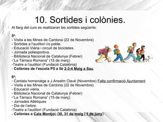 10. Sortides i colònies.
Al llarg del curs es realitzaran les sortides següents:
5è
:
- Visita a les Mines de Cardona (22 de Novembre)
- Sortides a l’auditori i/o poble.
- Educació Viària i circuit de bicicletes.
- Jornada poliesportiva.
- Biblioteca Nacional de Catalunya (Febrer)
-“La Tàrraco Romana” (15 de març)
-Teatre a l’auditori (Fundació Catalònia)
- Colònies de l’escola P5 a 5è 2-3-4 Maig a Sau.
6è
:
- Cantata homenatge a J.Anselm Clavé (Novembre) Falta confirmació Ajuntament
- Visita a les Mines de Cardona (22 de Novembre)
- Educació viària.
- Biblioteca Nacional de Catalunya (Febrer)
-“La Tàrraco Romana” (15 de març)
- Jornades Atlètiques
- Dia de l’arbre.
-Teatre a l’auditori (Fundació Catalònia)
- Colònies a Cala Montjoi (30, 31 de maig i 1 de juny)
 