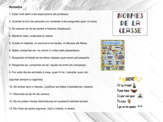 Normativa
1. Estar molt atent a les explicacions del professor.
2. Guardar el torn de paraules (no contestar a les preguntes quan no toca).
3. No aixecar-se de les taules a l'estona d'explicació.
4. Mantenir neta i ordenada la classe.
5. Cuidar el material, no escriure a les taules, ni dibuixar als llibres.
6. Saber comportar-se i no córrer ni cridar pels passadissos.
7. Respectar el treball de les altres classes quan anem pel passadís.
8. Respectar-se, comportar-se bé i ajudar-se entre els companys.
9. Fer cada dia les activitats a casa, quan hi ha, i estudiar quan cal.
(apuntar sempre a l’agenda).
10. No arribar tard a l’escola, i justificar les faltes d’assistència i retards.
11. Recordar-se de fer els càrrecs.
12. No es poden menjar llaminadures en qualsevol activitat escolar.
13. No s'han de portar joguines, mp3 o mòbils, ni diners.
 