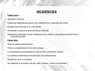INCIDÈNCIES
Faltes greus
Agressions físiques .
Ocasionar desperfectes greus a les instal·lacions o materials del centre.
Escapar-se de l'escola o en una sortida.
Amenaces o coaccions greus de forma reiterada
Desatendre reiteradament les indicacions d'un mestre o de qualsevol membre de la
comunitat escolar.
Faltes lleus
Sortir de classe sense permís.
Trencar constantment el ritme de la classe.
La suplantació de personalitat en comunicats i documents oficials.
La subtracció d'efectes personals de la comunitat escolar.
Barallar-se amb un company.
No respectar la normativa de pati. (files, lavabos i zones no permeses)
 