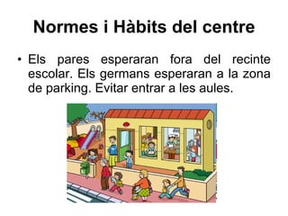 Normes i Hàbits del centre Els pares esperaran fora del recinte escolar. E ls germans esperaran a la zona de parking. Evitar entrar a les aules. 