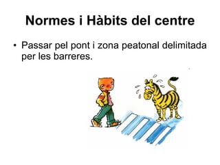 Normes i Hàbits del centre Passar pel pont i zona peatonal delimitada per les barreres. 