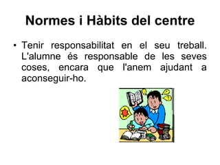 Normes i Hàbits del centre Tenir responsabilitat en el seu treball. L'alumne és responsable de les seves coses, encara que l'anem ajudant a aconseguir-ho. 