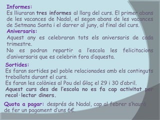 Informes:
Es lliuraran tres informes al llarg del curs. El primer abans
de les vacances de Nadal, el segon abans de les vacances
de Setmana Santa i el darrer al juny, al final del curs.
Aniversaris:
Aquest any es celebraran tots els aniversaris de cada
trimestre.
No es podran repartir a l’escola les felicitacions
d’aniversaris que es celebrin fora d’aquesta.
Sortides:
Es faran sortides pel poble relacionades amb els continguts
treballats durant el curs.
Es faran les colònies al Pou del Glaç el 29 i 30 d’abril.
Aquest curs des de l’escola no es fa cap activitat per
recol·lectar diners.
Quota a pagar: després de Nadal, cap al febrer s’haurà
de fer un pagament d’uns 6€.

 