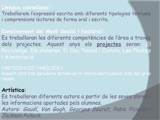 Llengua castellana:

Treballarem l’expressió escrita amb diferents tipologies textuals
i comprensions lectores de forma oral i escrita.

Coneixement del Medi Social i Natural:
Es treballaran les diferents competències de l’àrea a través
dels projectes. Aquest anys els projectes seran: El
Reciclatge, Els planetes, El Cos, Pobles i Ciutats, Les Plantes
i Alimentació.
PARTICIPACIÓ FAMÍLIES !!
Aquest curs ens agradaria potenciar la vostra participació dins del grup
classe.

Artística:
Es treballaran diferents autors a partir de les seves obres i
les informacions aportades pels alumnes.
Autors: Gaudí, Van Gogh, Georges Seurat, Pablo Picasso i
Jackson Pollock.

 