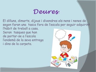 Deures :
El dilluns, dimarts, dijous i divendres els nens i nenes de
segon faran una tasca fora de l’escola per seguir adquirint
l’hàbit de treball a casa.
Seran tasques que han
de portar-se a l’escola
l’endemà de la seva entrega
i dins de la carpeta.

 