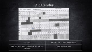 9. Calendari
FESTIU FESTES DE LLIURE DISPOSICIÓ
11/9, 1/11, 11/11, 6/12, 23/12-7/1, 6-13/4, 1/5,
24-25/6
5/12, 20-21/2, 4/5
 