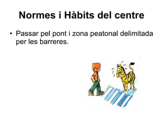 Normes i Hàbits del centre Passar pel pont i zona peatonal delimitada per les barreres. 