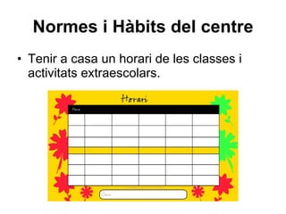 Normes i Hàbits del centre Tenir a casa un horari de les classes i activitats extraescolars. 