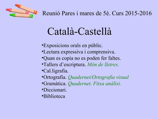 Català-Castellà
•Exposicions orals en públic.
•Lectura expressiva i comprensiva.
•Quan es copia no es poden fer faltes.
•Tallers d’escriptura. Món de lletres.
•Cal.ligrafia.
•Ortografia. Quadernet/Ortografia visual
•Gramàtica. Quadernet. Fitxa anàlisi.
•Diccionari.
•Biblioteca
Reunió Pares i mares de 5è. Curs 2015-2016
 