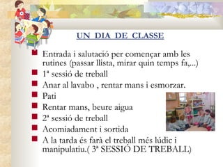 UN DIA DE CLASSE

 Entrada i salutació per començar amb les
  rutines (passar llista, mirar quin temps fa,...)
 1ª sessió de treball
 Anar al lavabo , rentar mans i esmorzar.
 Pati
 Rentar mans, beure aigua
 2ª sessió de treball
 Acomiadament i sortida
 A la tarda és farà el treball més lúdic i
  manipulatiu.( 3ª SESSIÓ DE TREBALL)
 