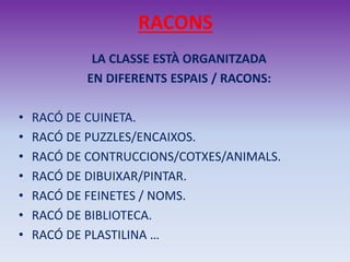 RACONS
LA CLASSE ESTÀ ORGANITZADA
EN DIFERENTS ESPAIS / RACONS:
• RACÓ DE CUINETA.
• RACÓ DE PUZZLES/ENCAIXOS.
• RACÓ DE CONTRUCCIONS/COTXES/ANIMALS.
• RACÓ DE DIBUIXAR/PINTAR.
• RACÓ DE FEINETES / NOMS.
• RACÓ DE BIBLIOTECA.
• RACÓ DE PLASTILINA …
 