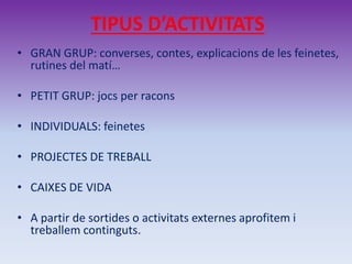 TIPUS D’ACTIVITATS
• GRAN GRUP: converses, contes, explicacions de les feinetes,
rutines del matí…
• PETIT GRUP: jocs per racons
• INDIVIDUALS: feinetes
• PROJECTES DE TREBALL
• CAIXES DE VIDA
• A partir de sortides o activitats externes aprofitem i
treballem continguts.
 